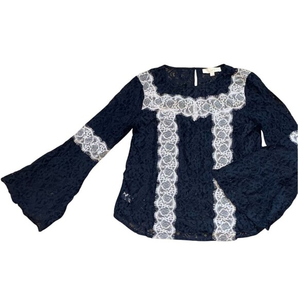 Loft Womens Lace Blouse With Bell Sleeves-Navy Blue-Size Small-GUC - Picture 1 of 8